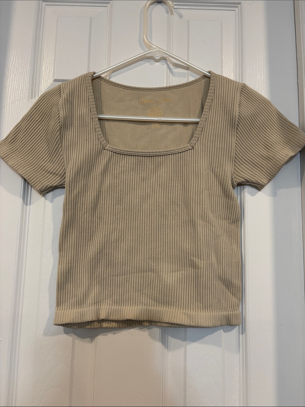 Squareneck Ribbed Crop Top - Beige